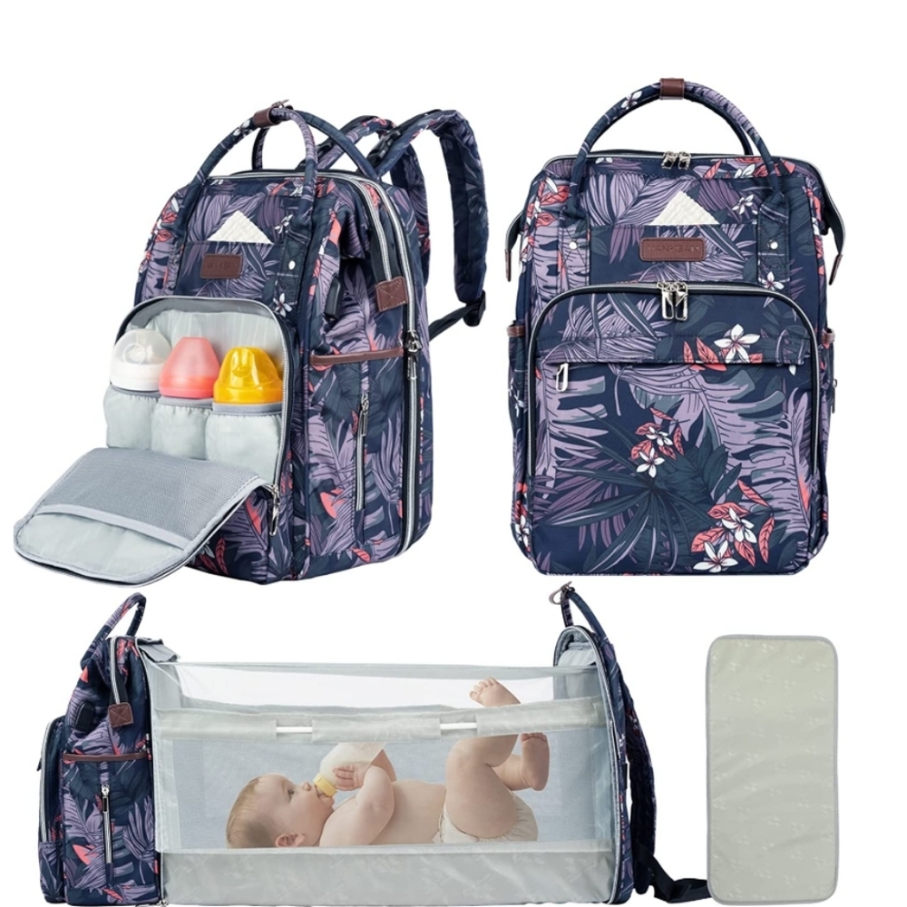 NWT Baby Diaper Bag With Changing Pad Bassinet Vankean Purple Floral Backpack